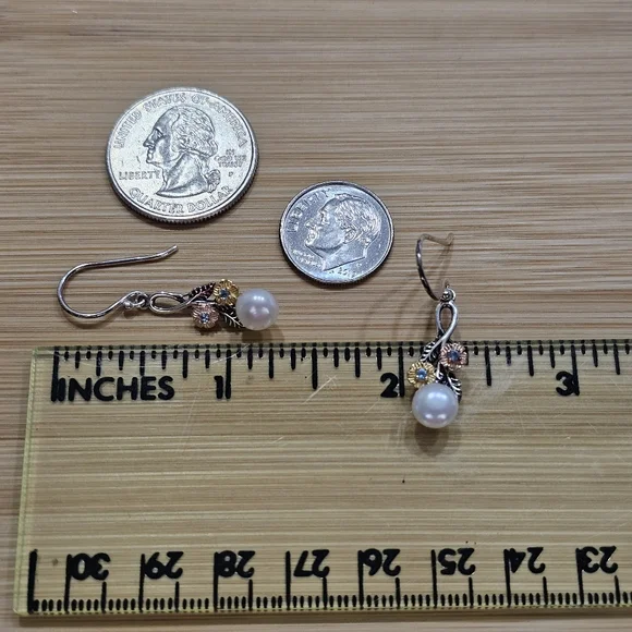 PZ Israel 925 Silver with Blue Topaz and Freshwater Pearls Drop Earrings - Picture 14 of 15